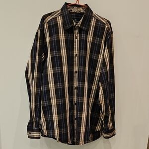 BUGATCHI Shirt Button Down Grey Blue Striped Plaid Western Cowboy Men's XL